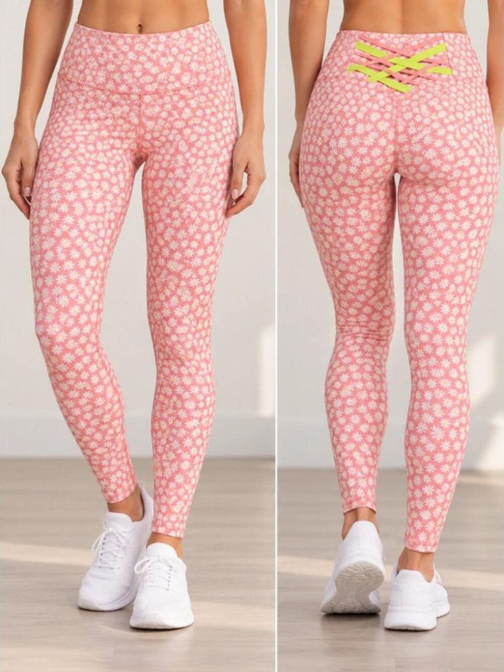 Fabletics PowerHold Women's Pink Daisy Floral Lace Up Leggings XS